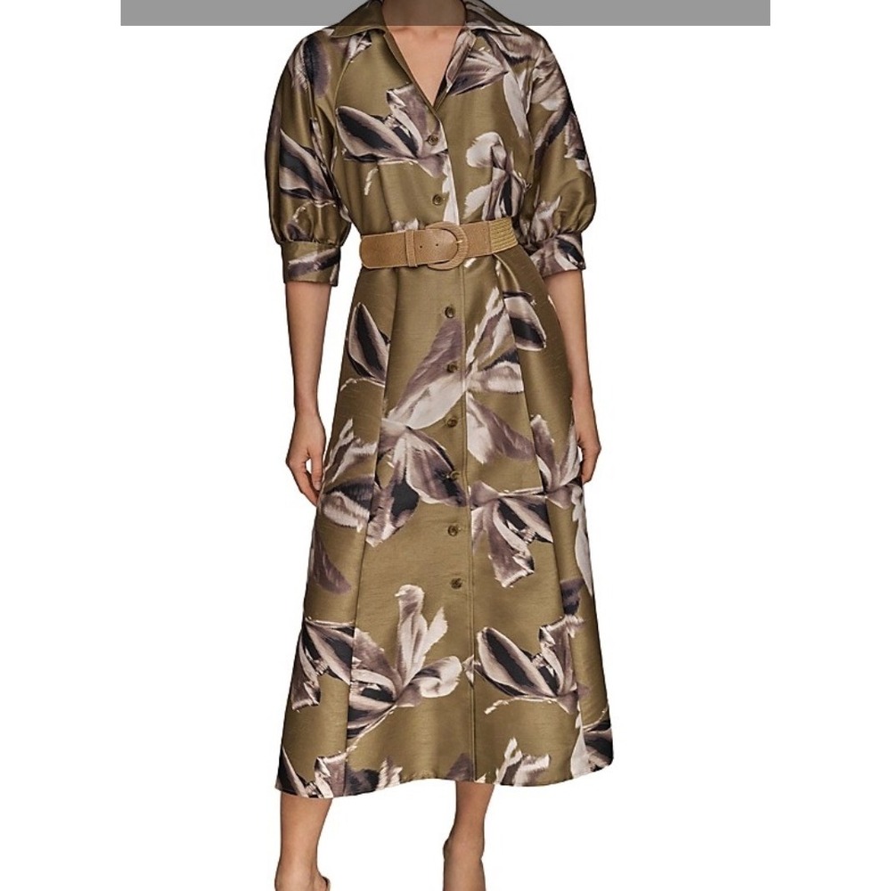 Donna Karan New York Olive Green Floral Belted Midi Shirt Dress KA5L2B30 Size 14